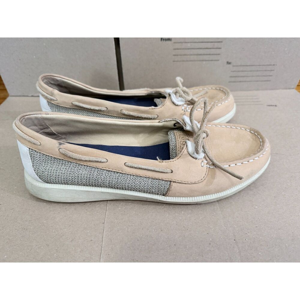 Sperry Leather Womens Boat Shoe Moccasin Size 7 Khaki Tan Slide On Comfort Shoe